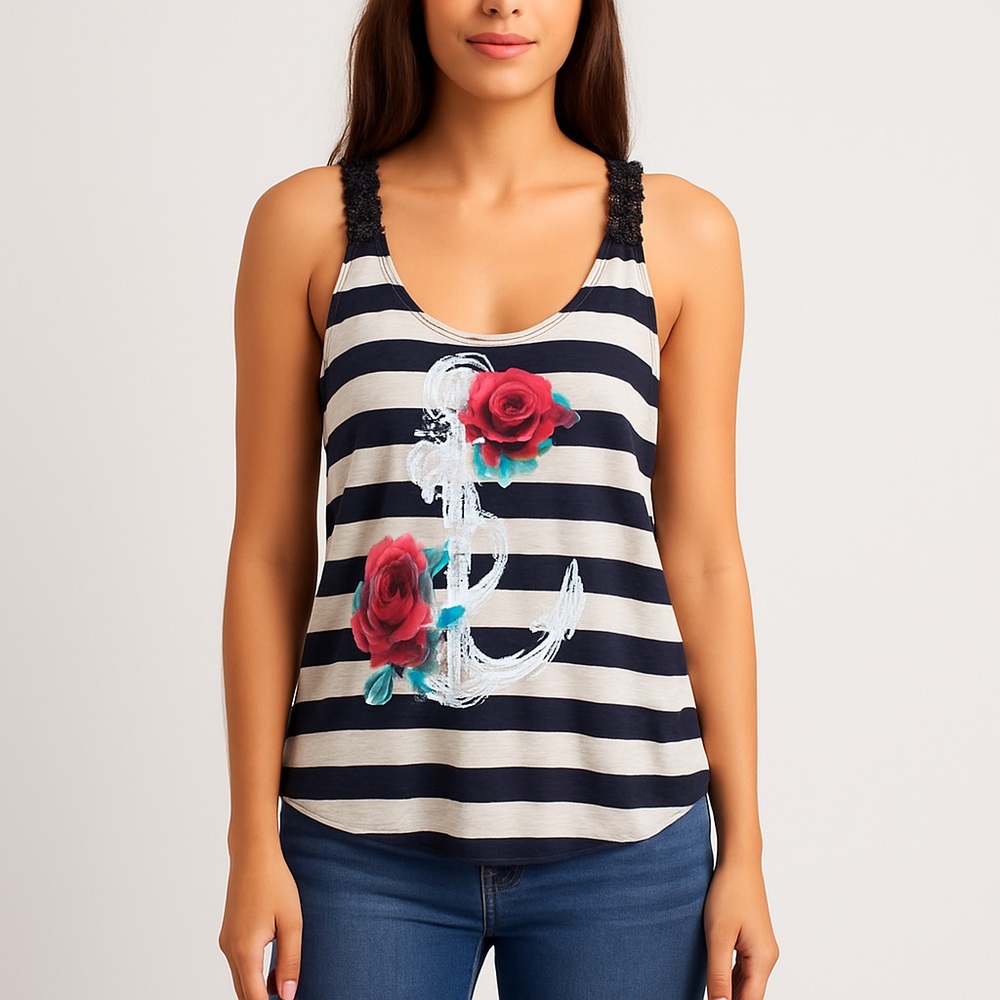 Sugar High Navy White Striped Tank Top Anchor Rose Graphic Ruffle Strap Medium